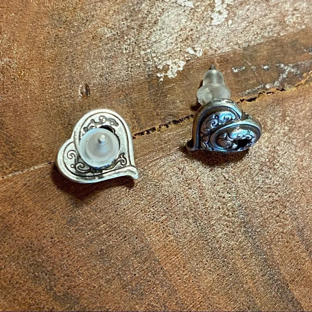 BRIGHTON vintage silver scrolled‎ open heart mini post earrings